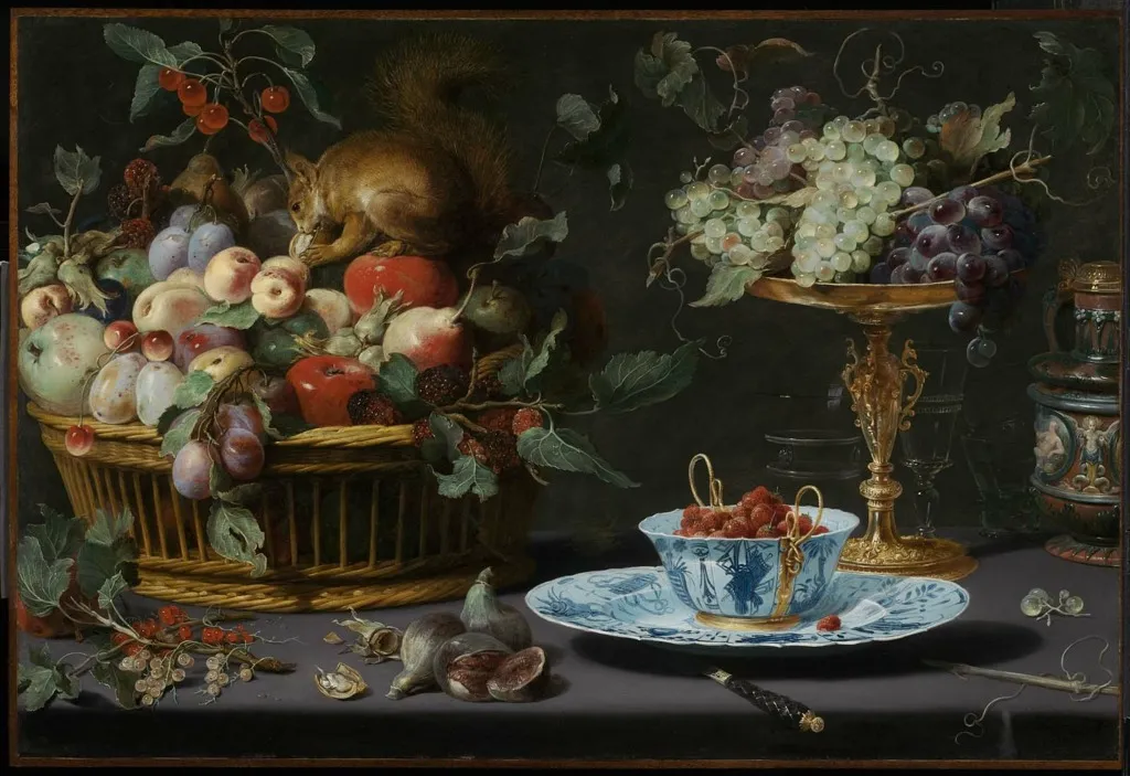 Still Life with Fruit, Wan-Li Porcelain, and Squirrel, by Frans Snyders, oil, 1616