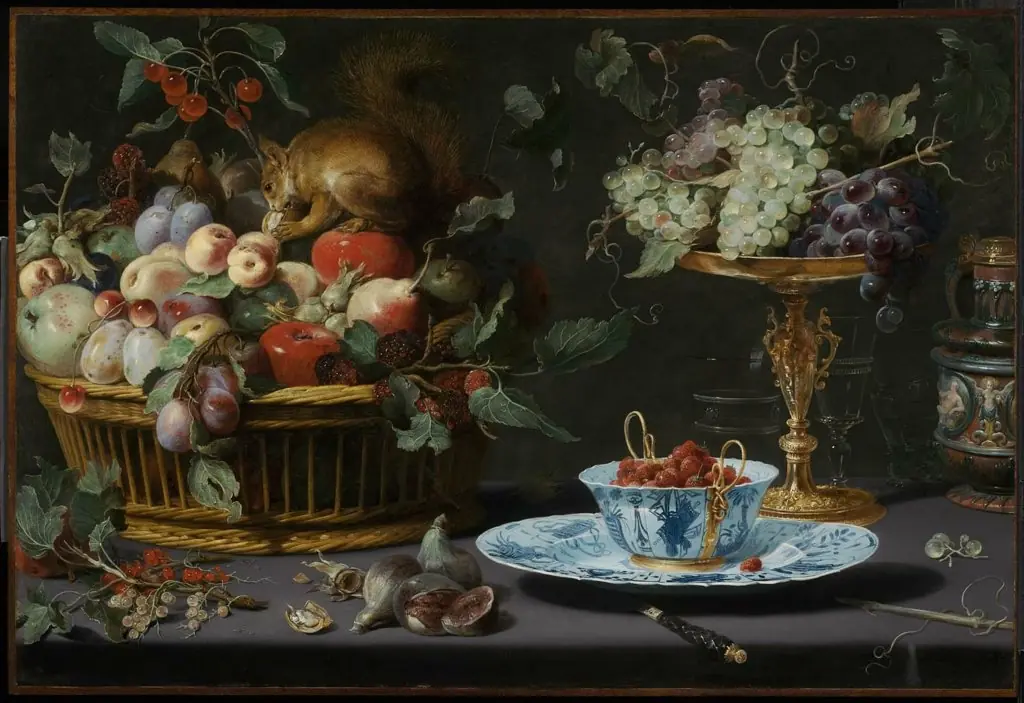 Still Life with Fruit, Wan-Li Porcelain, and Squirrel, by Frans Snyders