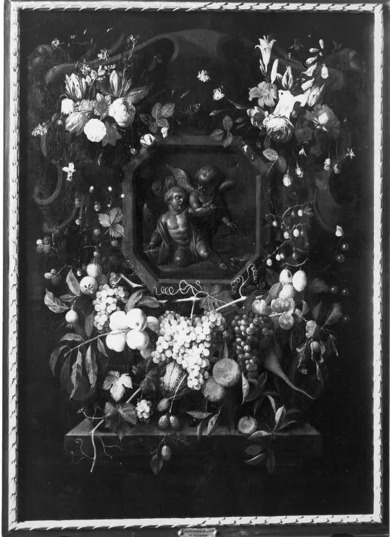 Früchtekranz mit Relief, by Frans van Everbroeck, oil, 1655