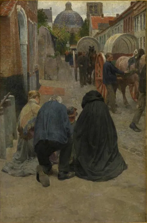 Candle procession in Scherpenheuvel (right panel} - Pilgrims arrive at the church, by Frans van Leemputten, oil, 1904