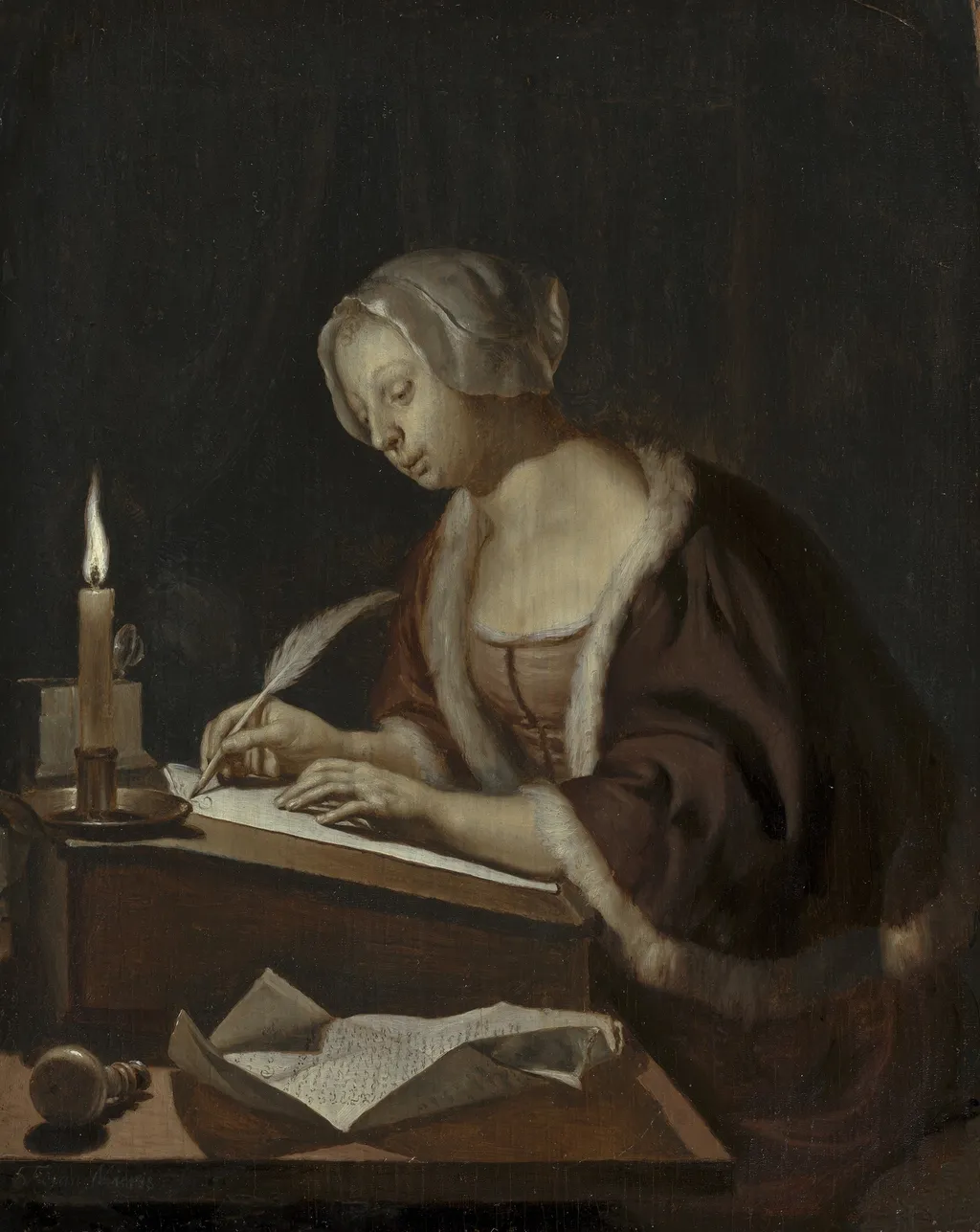 A Young Woman Writing a Letter, by Frans van Mieris the Elder, oil, 1670