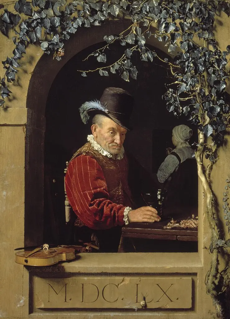 An old violin player in a stone arched niche