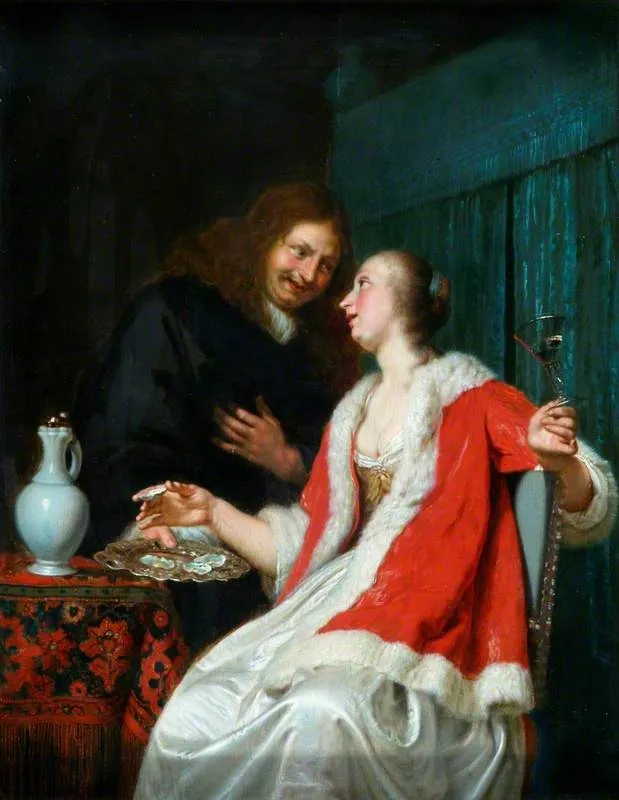 Interior: A Gentleman Offering Oysters to a Lady, by Frans van Mieris the Elder, oil, 1668