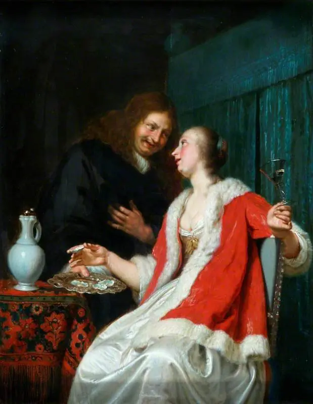 Interior: A Gentleman Offering Oysters to a Lady, by Frans van Mieris the Elder