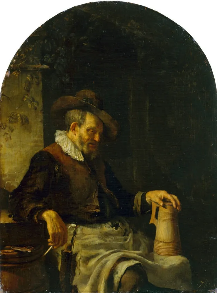 Old man with a pipe and a tankard, by Frans van Mieris the Elder, oil, 1653