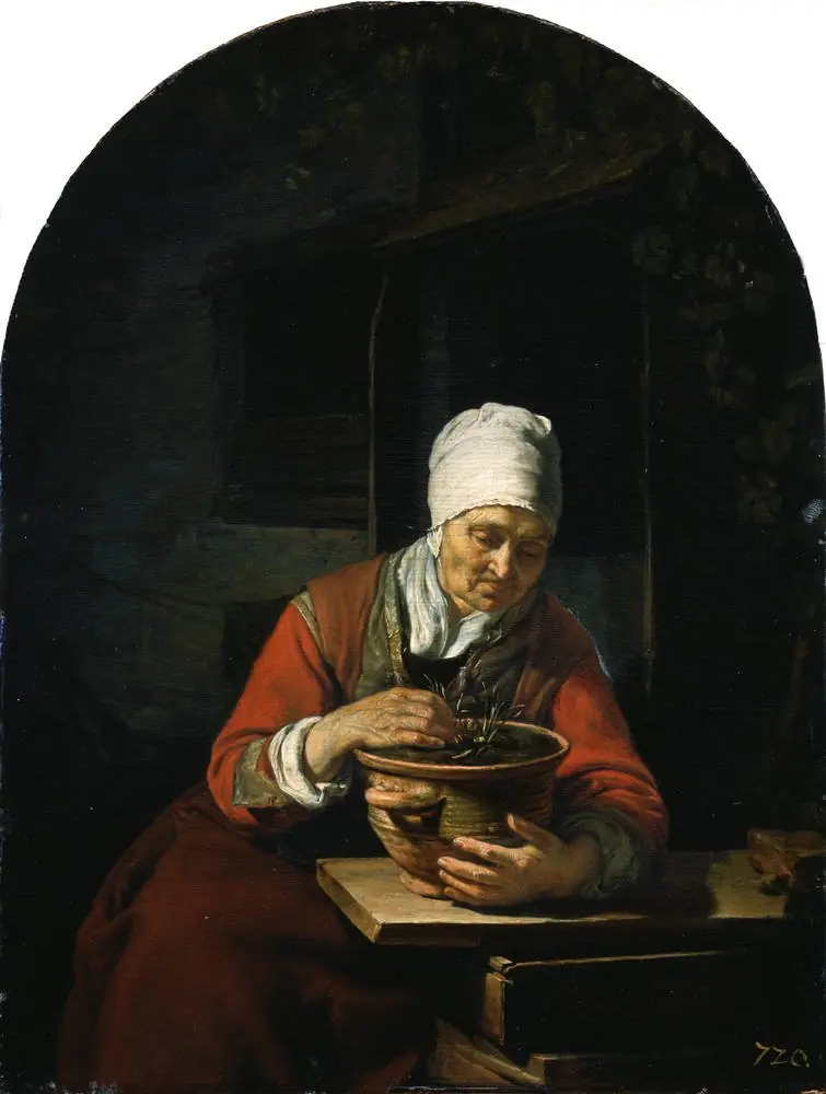 Old Woman with a Flower Pot, by Frans van Mieris the Elder