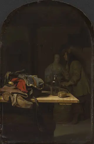 Still life with boot, in the background two figures, by Frans van Mieris the Elder, 1666