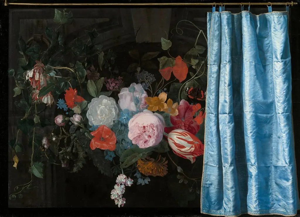 Trompe-l'Oeil Still Life with a Flower Garland and a Curtain, by Frans van Mieris the Elder
