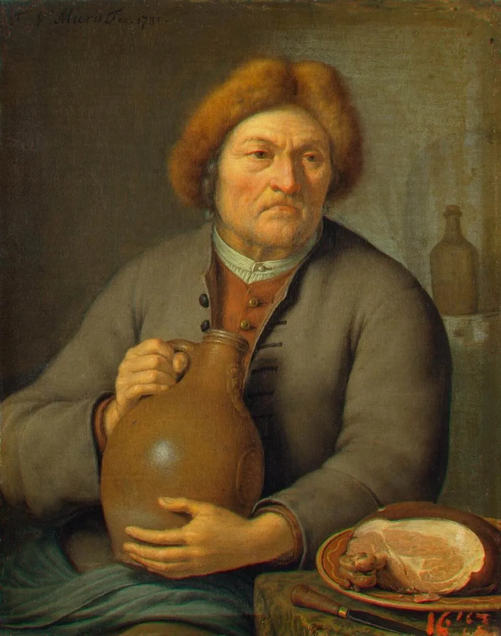 Old Peasant Holding a Jug, by Frans van Mieris the Younger, oil, 1731