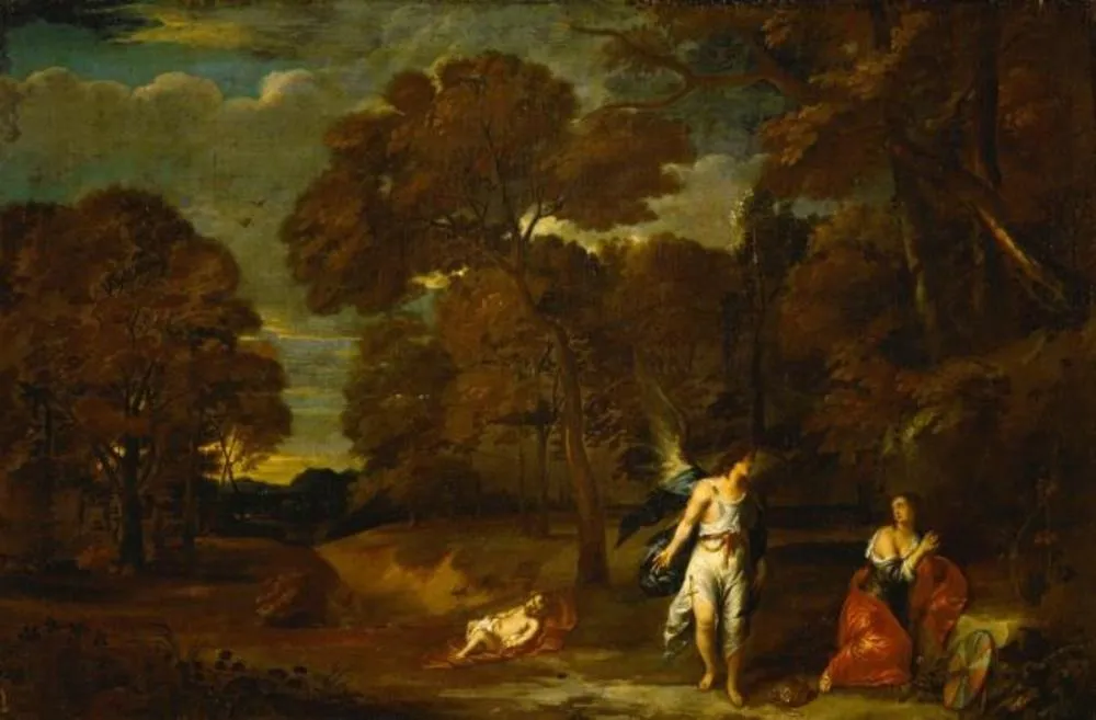 Landscape with Hagar and the angel, by Frans Wouters, oil, 1648