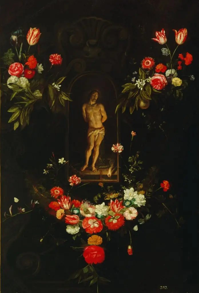 Christ at the column, in a garland of flowers, by Frans Ykens
