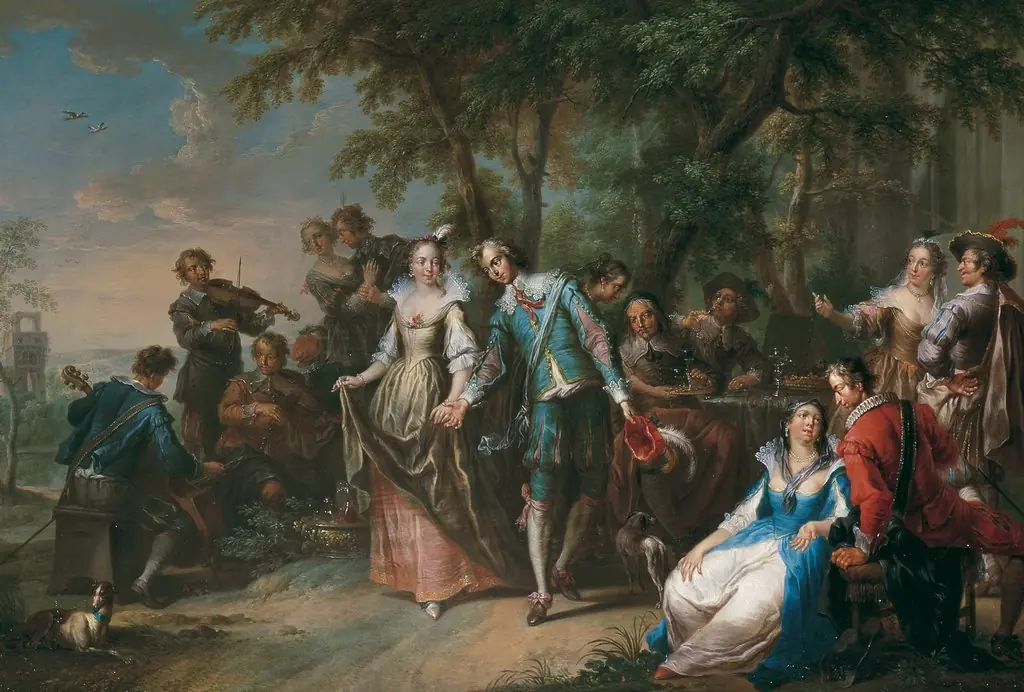 Elegant company dancing and drinking at the edge of a forest