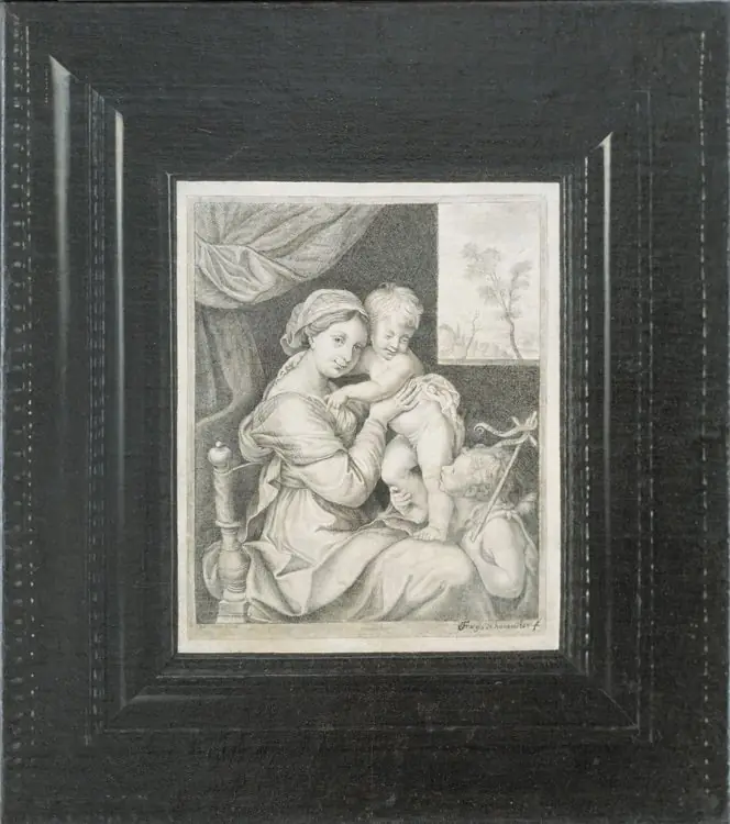 Trompe l'oeil af et indrammet kobberstik af Maria med Barnet, by Franz de Hamilton