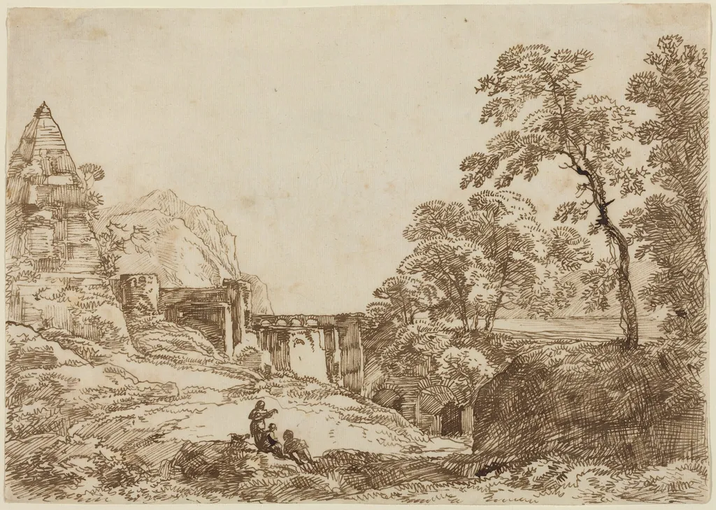 Landscape with a Pyramid and Classical Ruins, by Franz Innocenz Josef Kobell, ink, 1786
