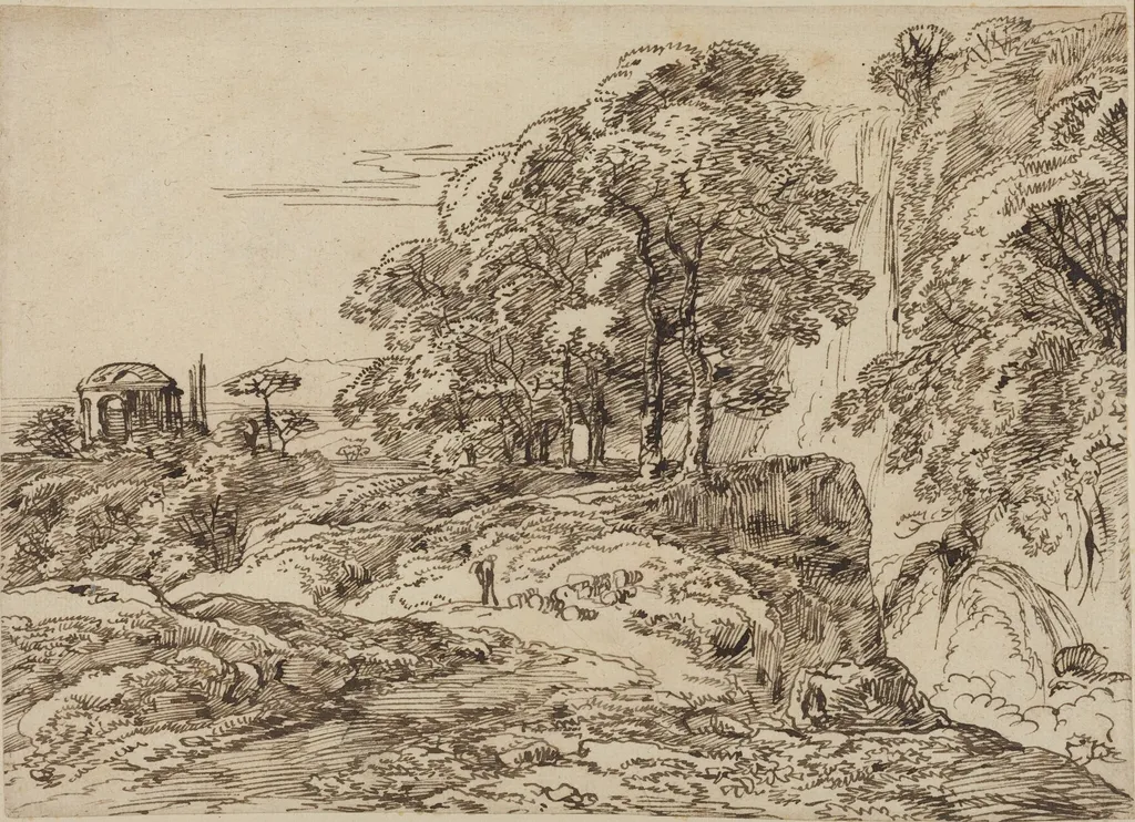 Pastoral Landscape with a Waterfall and a Temple, by Franz Innocenz Josef Kobell, ink, 1786