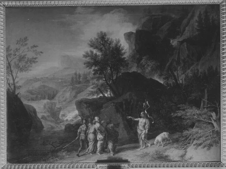 Fierce mountainous landscape with Saint John the Baptist preaching, by Franz Joachim Beich, oil, 1706