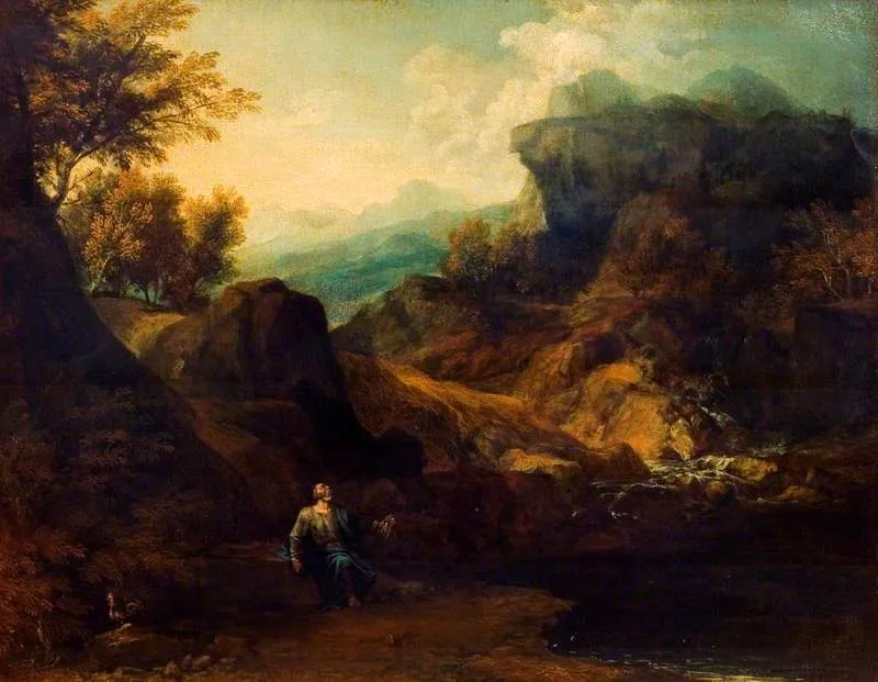 Landscape with Saint Peter in the Wilderness, by Franz Joachim Beich, oil, 1715