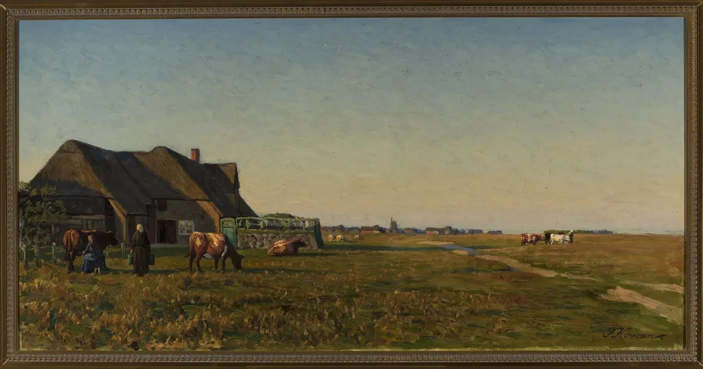 Landscape with a farmyard, by Franz Korwan, oil, 1900