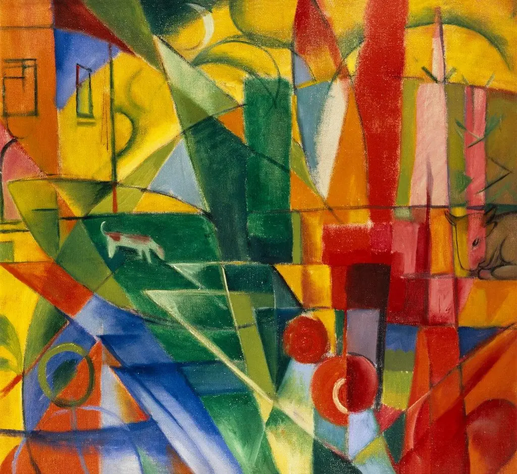 Landschaft mit Haus, Hund und Rind, by Franz Marc