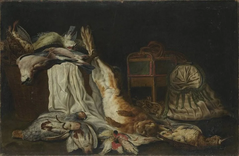 Hunting still life with a hare, two partridges and other birds, by Franz Michael Sigismund von Burgau the Elder, oil, 1715