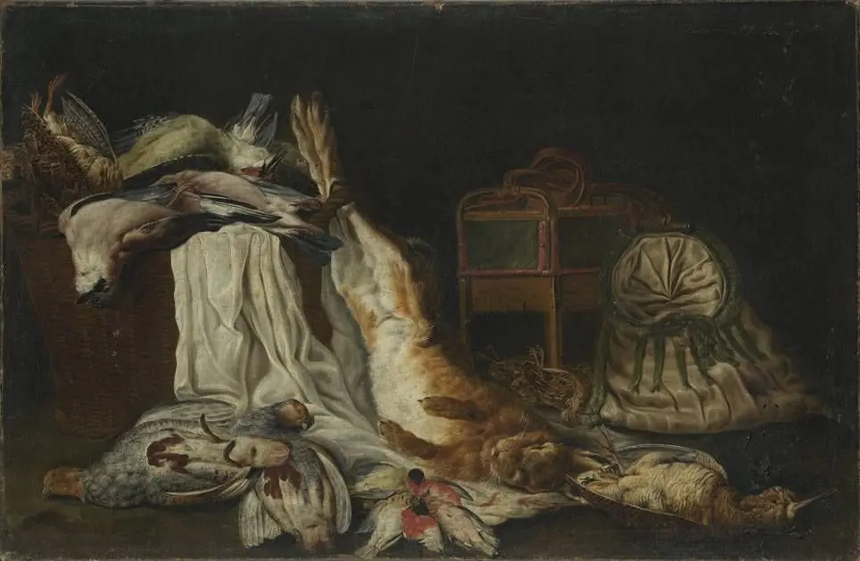 Hunting still life with a hare, two partridges and other birds, by Franz Michael Sigismund von Burgau the Elder