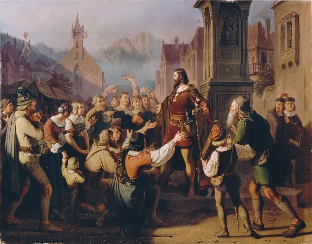 Der als Minnesänger verkleidete Herzog Friedrich IV. gibt sich auf der Flucht aus Konstanz seinen treuen Tirolern zu erkennen, by Franz Schams