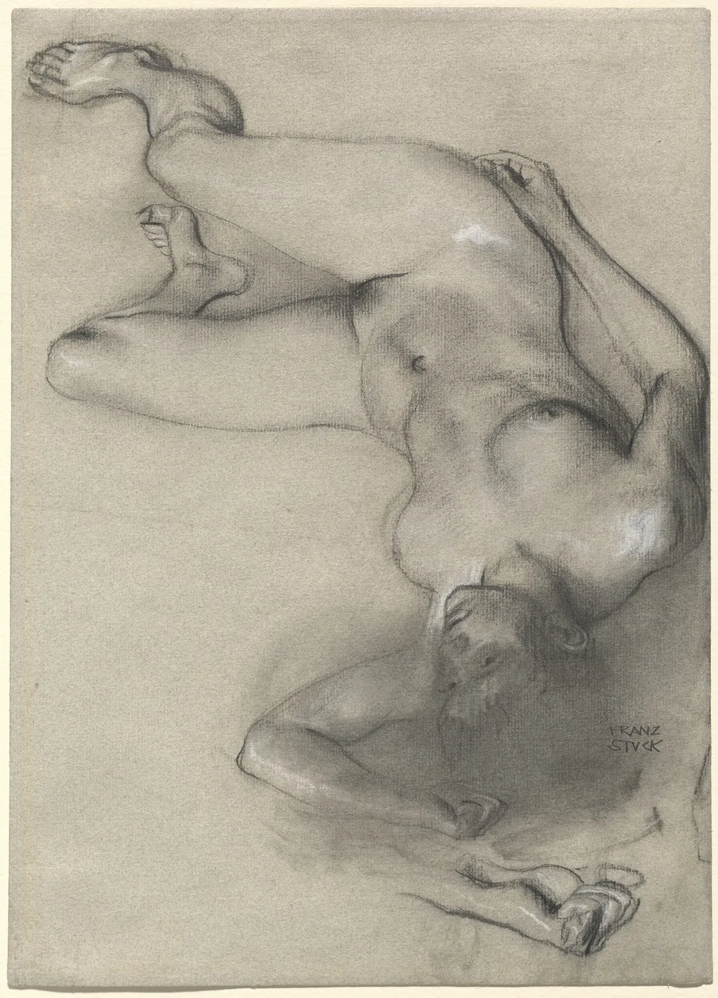 Nude Woman Lying on the Ground, by Franz von Stuck, chalk