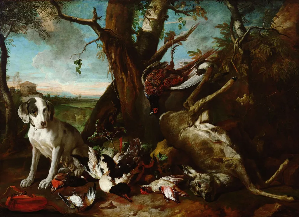 Dead wild game guarded by a hunting dog, by Franz Werner Tamm, oil, 1706