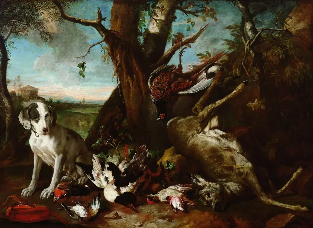 Dead wild game guarded by a hunting dog, by Franz Werner Tamm