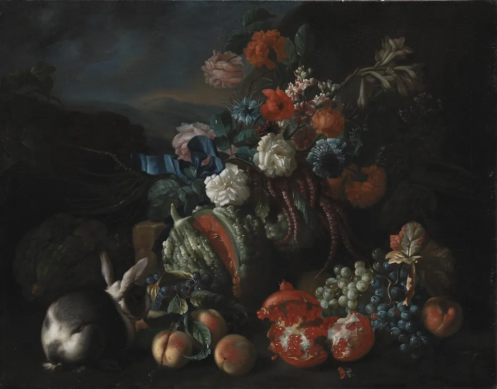 Stone Base with Flowers and Fruit, by Franz Werner Tamm, oil, 1700