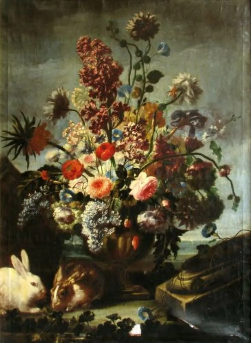Vas cu flori (Buchet de flori cu iepuri de casă), by Franz Werner, zis Dapper Tamm, unspecified