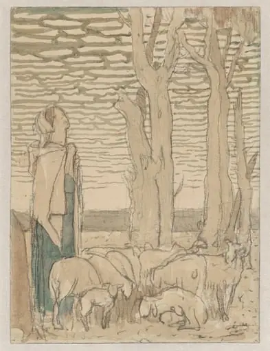 Study for "Rachel Came with Her Father's Sheep" (recto); The Death of Rachel (verso), by Frederic Cayley Robinson