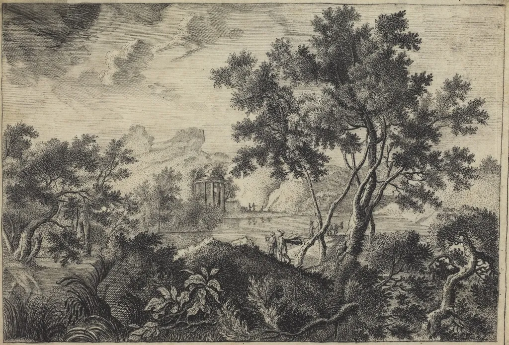 Classical Landscape with a Tempietto, by Frédéric de Moucheron, ink, 1660