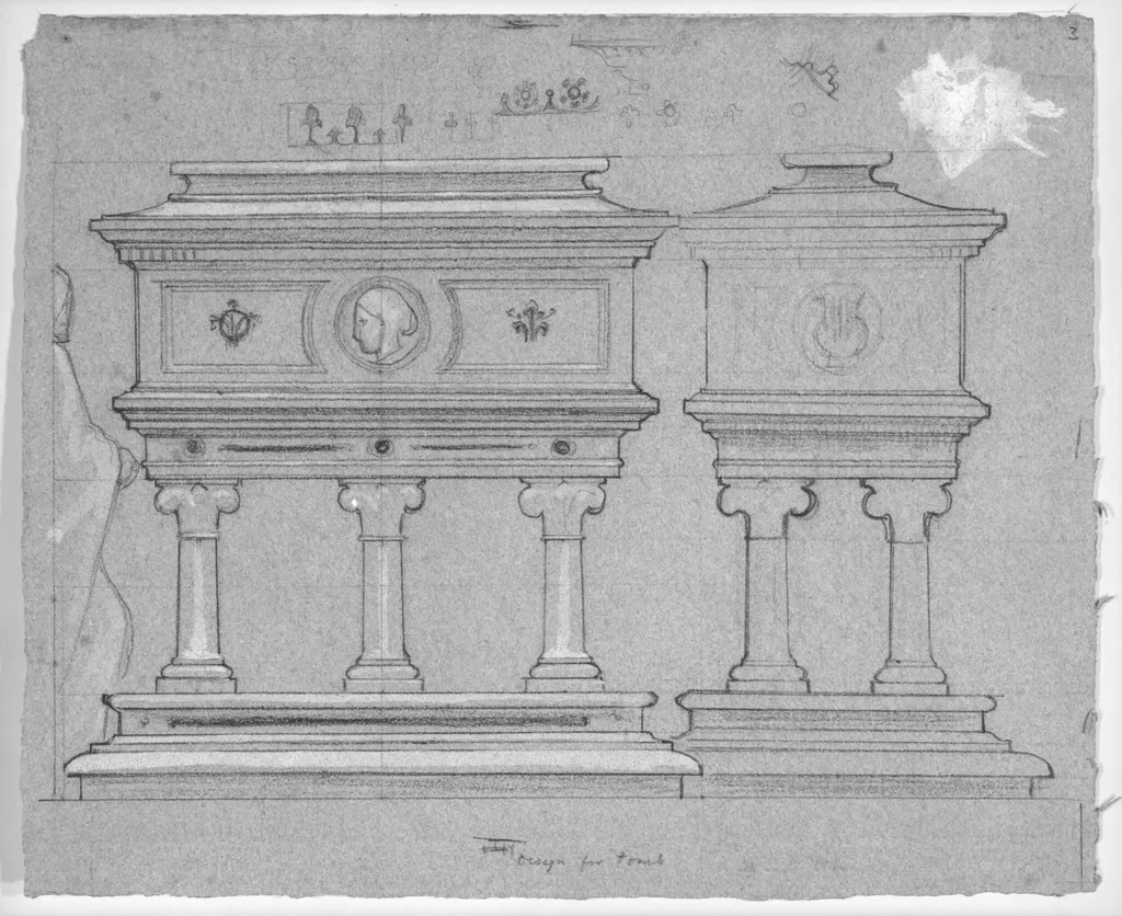 Studies for Mrs Browning's Tomb at Florence, side and end elevation with some small details of ornament, by Frederic, Lord Leighton, 1861