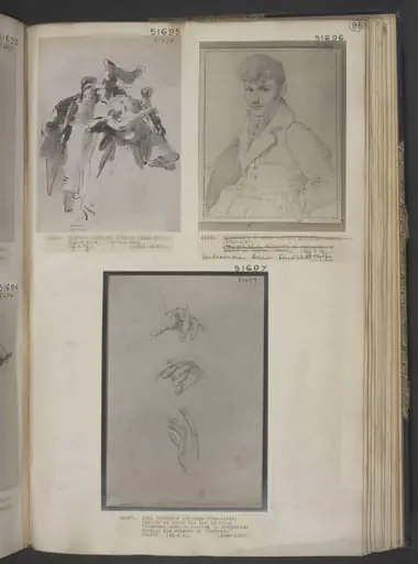 Studies in pencil of four hands for "Cimabue's Madonna carried in procession through the streets of Florence", by Frederic, Lord Leighton