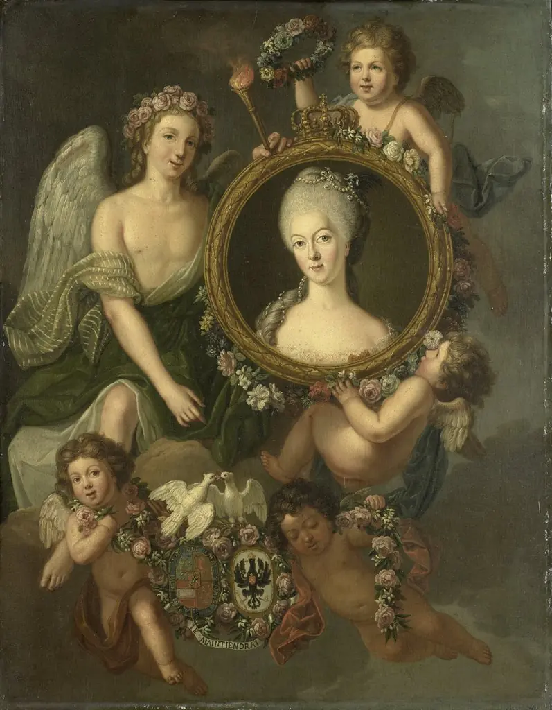Portrait of Wilhelmina of Prussia in a medallion with allusions to her marriage to Prince William V on 4 October 1767 in Berlin (Frederika Sophia Wilhelmina), by Frédéric Reclam