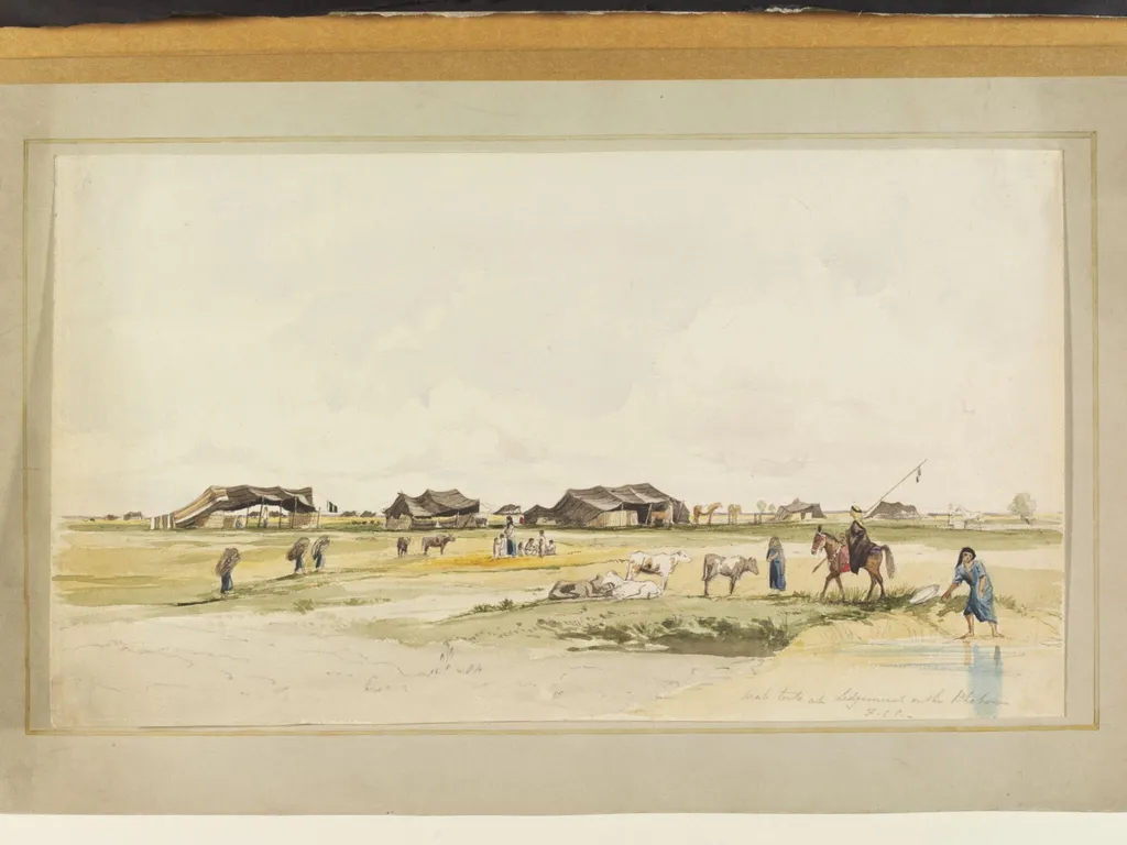 Arab tents at Ledgemeeat on the Khabour, by Frederick Charles Cooper, watercolor, 1850