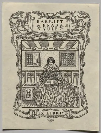Bookplate: Harriet Head Yule, Ex Libris inscribed, by Frederick Garrison Hall