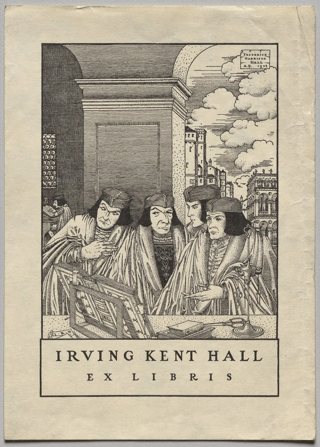 Bookplate: Irving Kent Hall, Ex Libris inscribed, by Frederick Garrison Hall, 1922