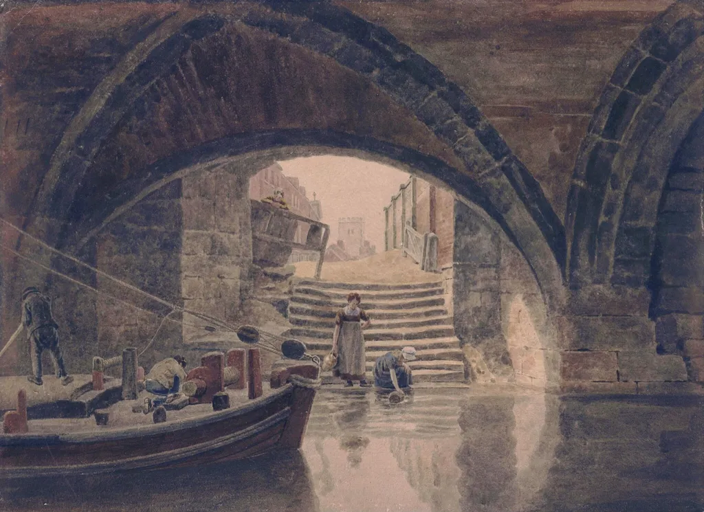 View under the High Bridge at Lincoln, by Frederick Nash, watercolor, 1811