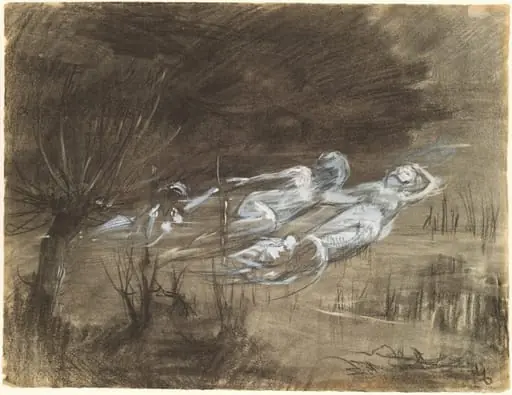 Woman Floating in a River Attended by Two Female Spirits, by Frederick Trapp Friis