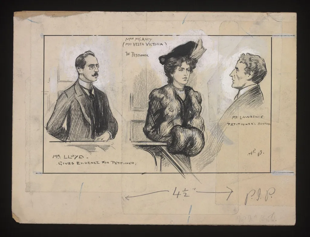 Divorce hearing in November 1903 of Vesta Victoria (1873-1951). Drawing by F.V. Poole for an illustrated newspaper., by Frederick Victor Poole, 1903