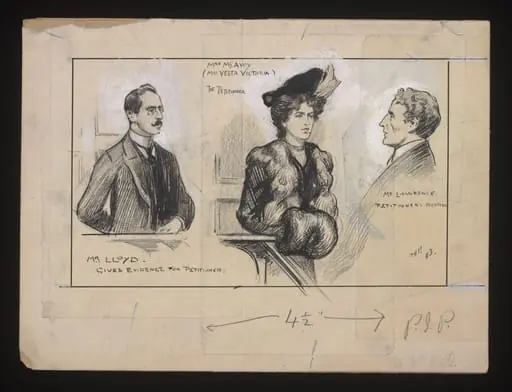 Divorce hearing in November 1903 of Vesta Victoria (1873-1951). Drawing by F.V. Poole for an illustrated newspaper., by Frederick Victor Poole