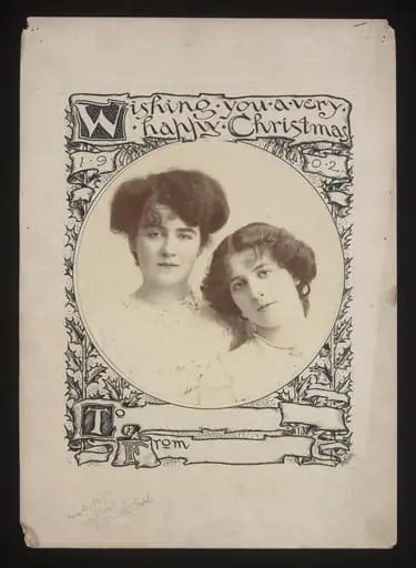 Manufacturer's proof of a souvenir Christmas card for 1902 featuring Mabel Hirst and Daisy Le Hay who were appearing in <i>A Country Girl</i>, Daly's Theatre, 1902. Photograph by Foulsham & Banfield; drawing by F.V. Poole, by Frederick Victor Poole
