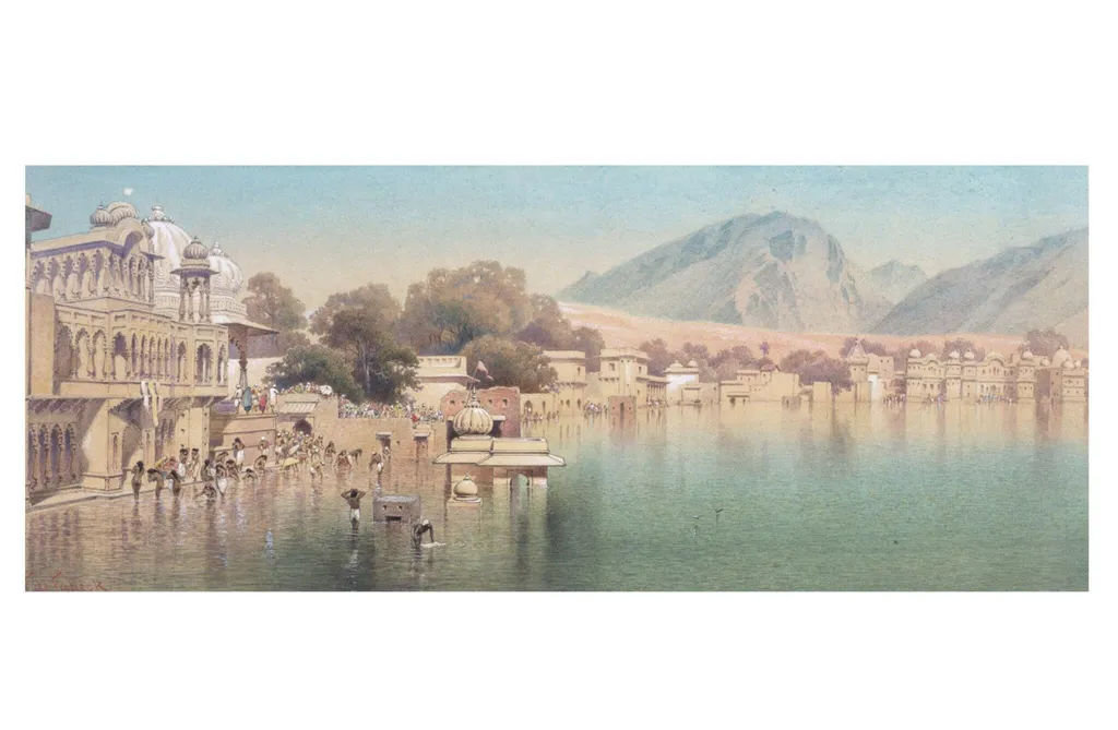 View of Pushkar Lake and the bathing ghats, near Ajmer, by Frederick William Alexander De Fabeck, paint, 1860