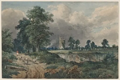 A Drover with Sheep, a Church Beyond, by Frederick William Watts