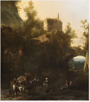 An Italian Landscape with Muleteers, by Frederik de Moucheron, unspecified, 1669