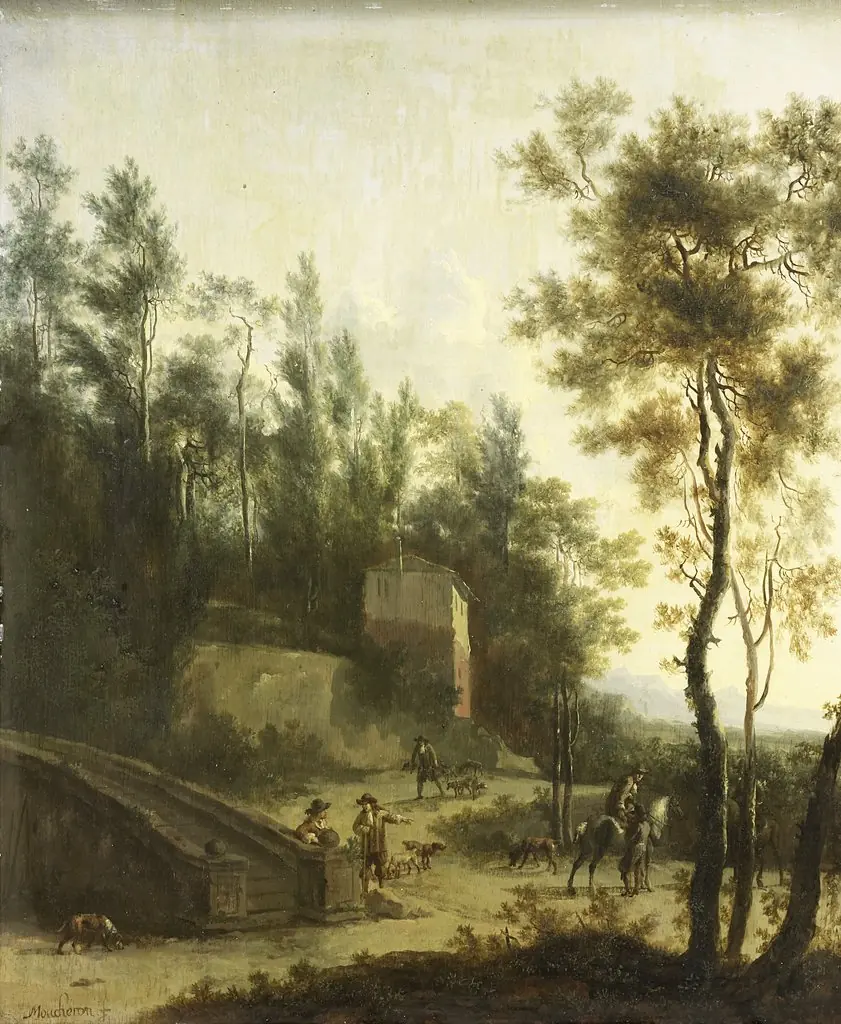 Italian landscape with hunters, by Frederik de Moucheron