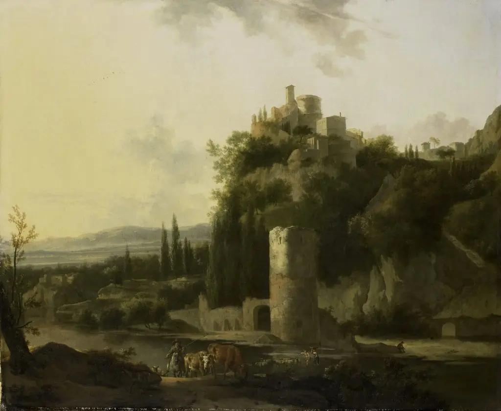 Italina landscape with round tower, by Frederik de Moucheron