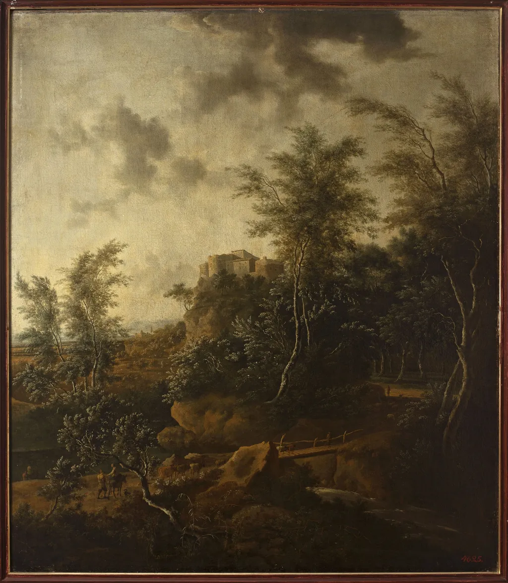 Landscape with a castle, by Frederik de Moucheron, oil, 1669